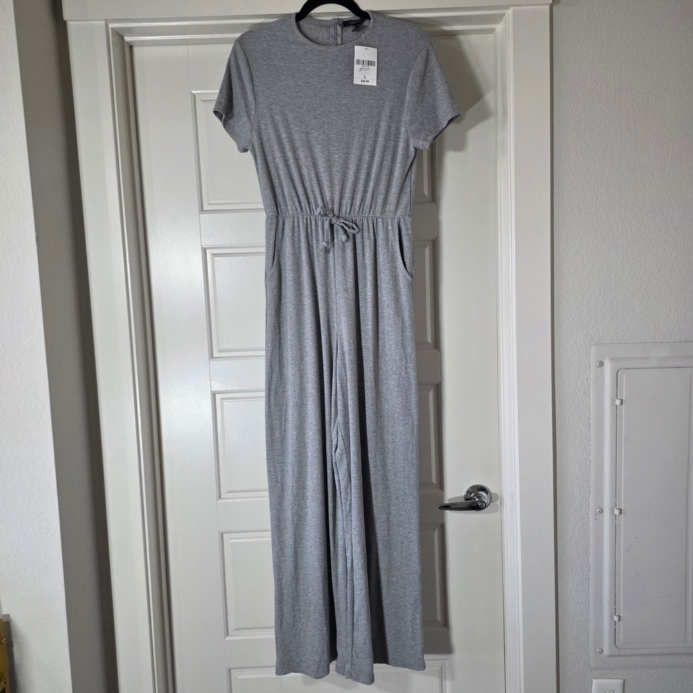 Forever 21 Womens Ribbed Short Sleeve Wide Leg Jumpsuit Heather Grey Large NWT